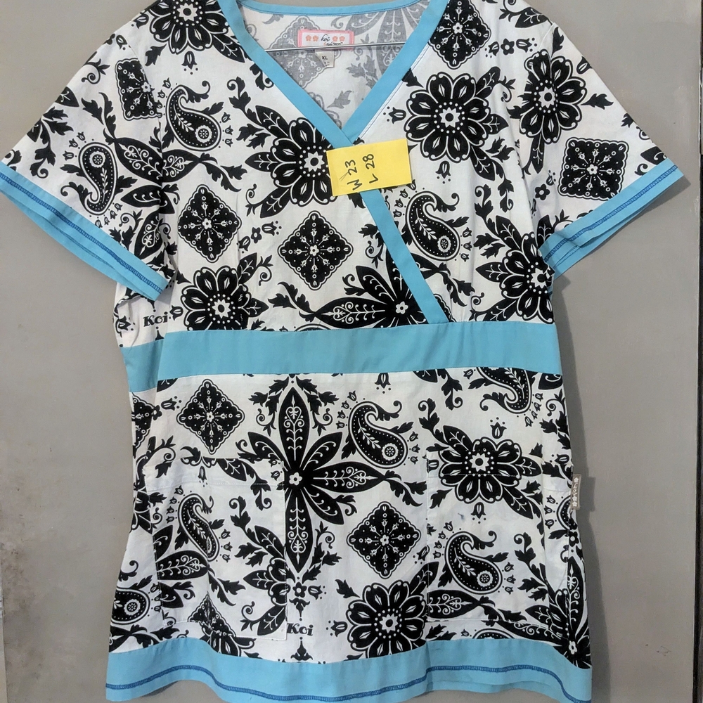 Black and White Floral Scrub Top with Blue Accents